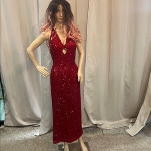 Vintage 90s/Y2K Scala Red Silk Hand Beaded Gown Halter Prom Dress Formal Medium